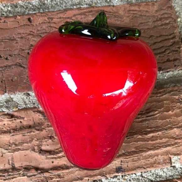 Large Red Strawberry Hand Blown Glass Art Red & Green Lightly Textured - Picture 2 of 5